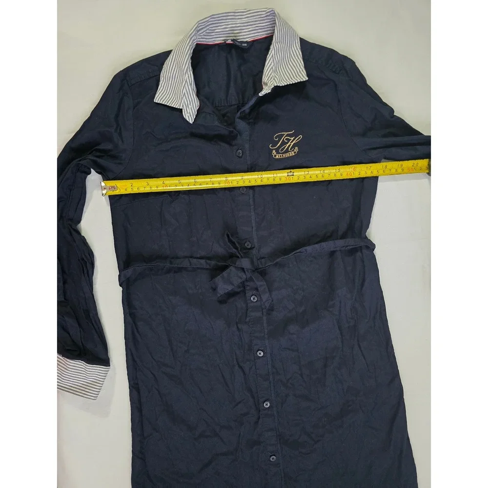 Tommy Hilfiger Navy Blue Crest Button Down Shirt Dress XS Striped Trim Belted
